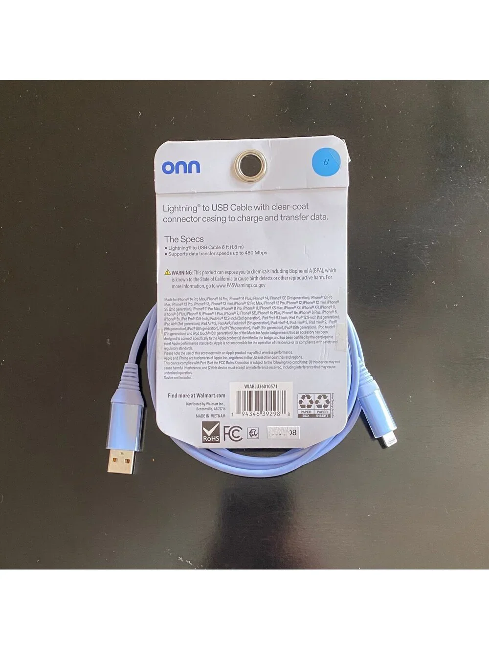 Onn 6ft Lightning to USB Charging Cable Blue
